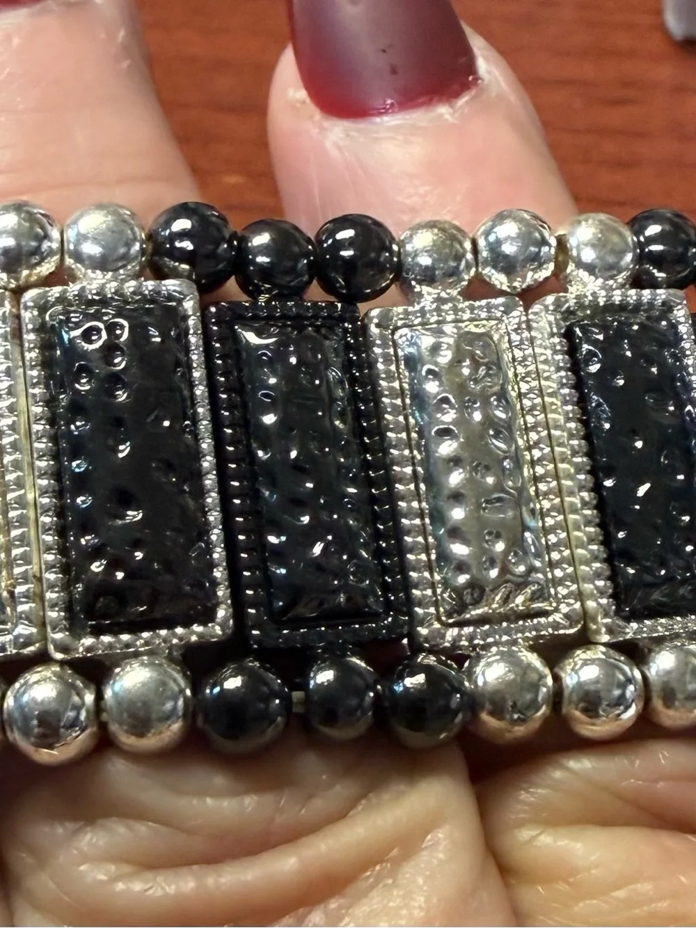 Multi-Strand Black and Silver Beaded Statement Bracelet